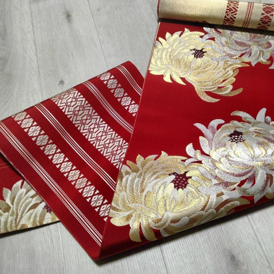 セール〉アンティーク】美品 博多織名古屋帯 正絹 赤 菊×献上 2way 未仕立 アンティーク 博多織名古屋帯 正絹 赤 菊献上 2way アンティーク】美品